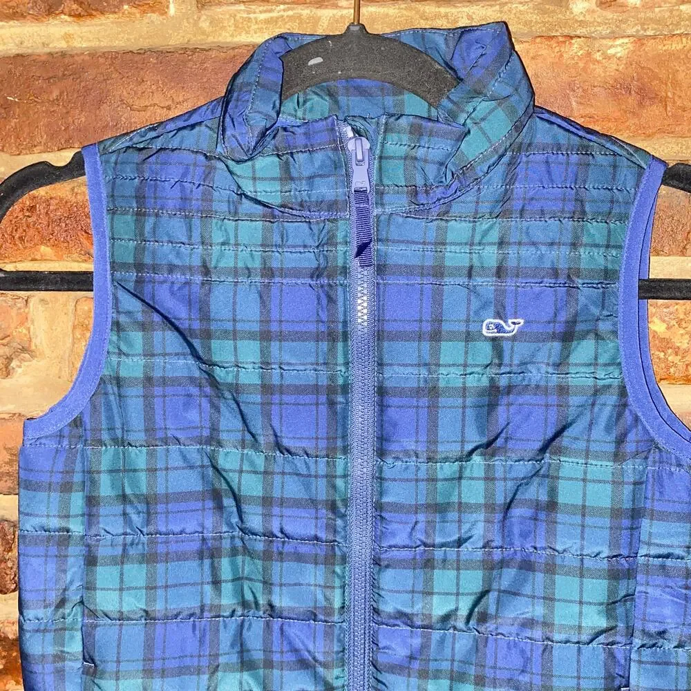 Vineyard Vines Girls Blue Green Plaid Quilted Puffer Vest Youth Size Small